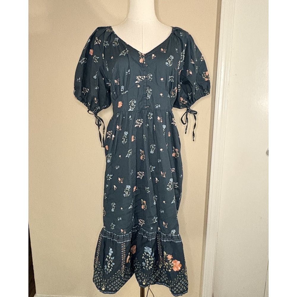 Reistor Puff Sleeve Midi Dress Dark Floral Pockets Organic cotton S Cottagecore